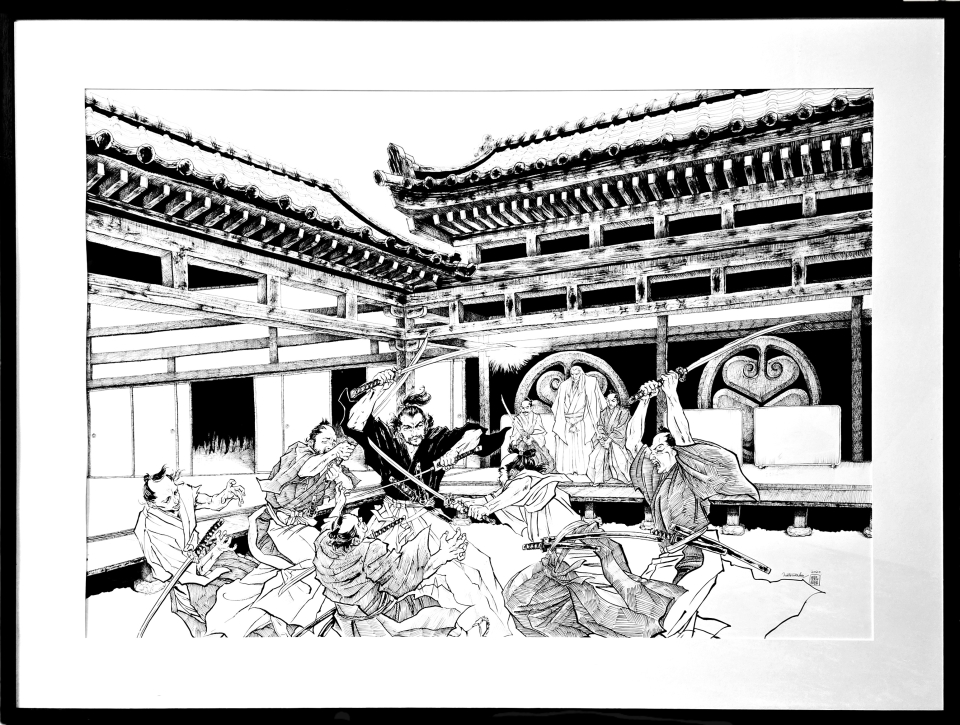 Dessin original de Shinichiro Natsuzaka où on voit un samouraï se battre contre ses ennemis sur un fond de temple Japonais.